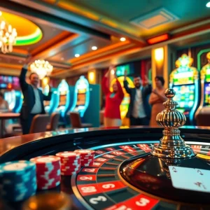 Experience the thrill of gambling at https://hb88.jp.net/ with a vibrant casino scene featuring roulette and slot machines.