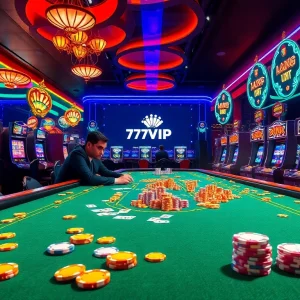 Engaging scene of 777VIP online casino gaming with poker players, slot machines, and vibrant atmosphere.