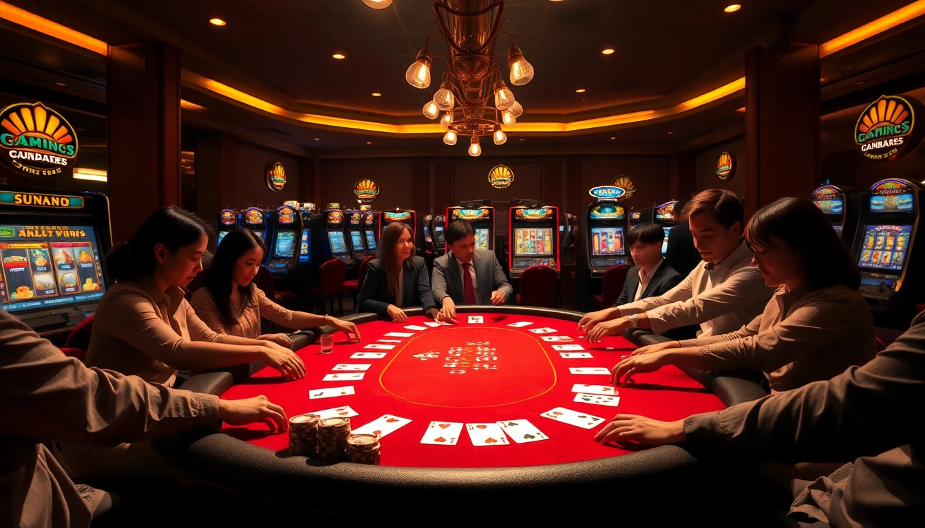 Engage in a thrilling poker game scene with players at the casino inspired by https://sia-trade.org/, showcasing excitement and betting action.
