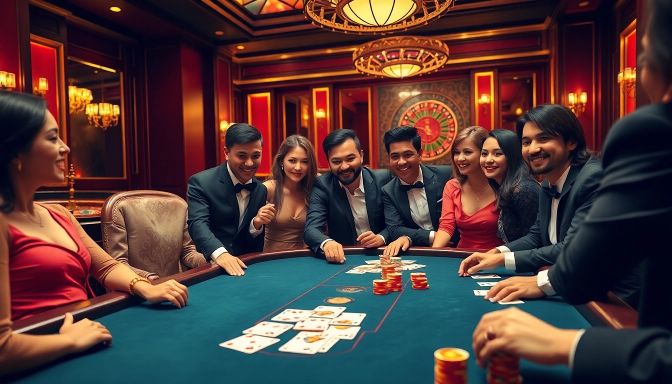 Bài Win79 players enjoying a thrilling game at a luxurious casino table.