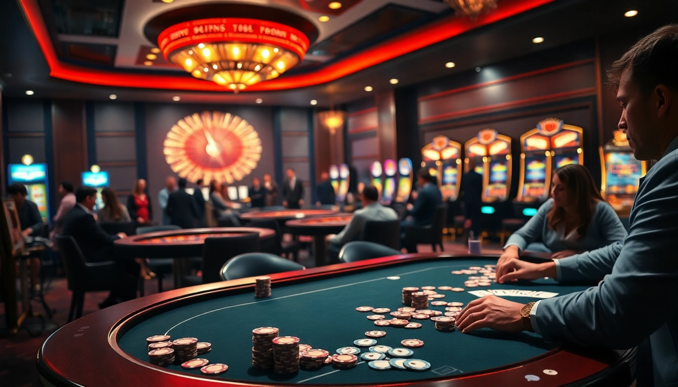 Engage in exhilarating gameplay at sumvip with a luxurious poker table and vibrant slot machines.