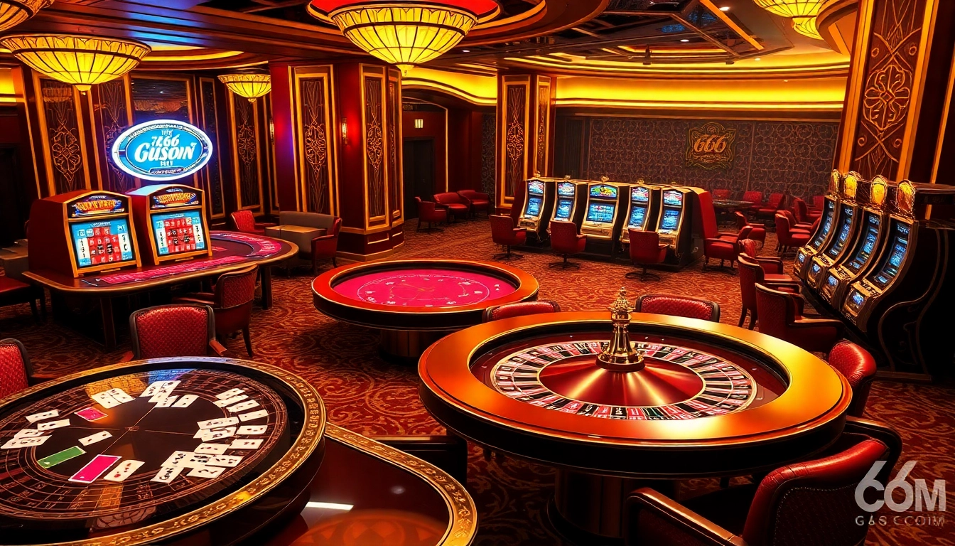 Experience the thrill of gambling at MB66.COM with vibrant casino tables and luxurious slot machines.