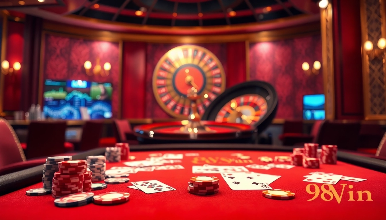 Exciting poker game scene at 98Win casino with vibrant cards and chips.