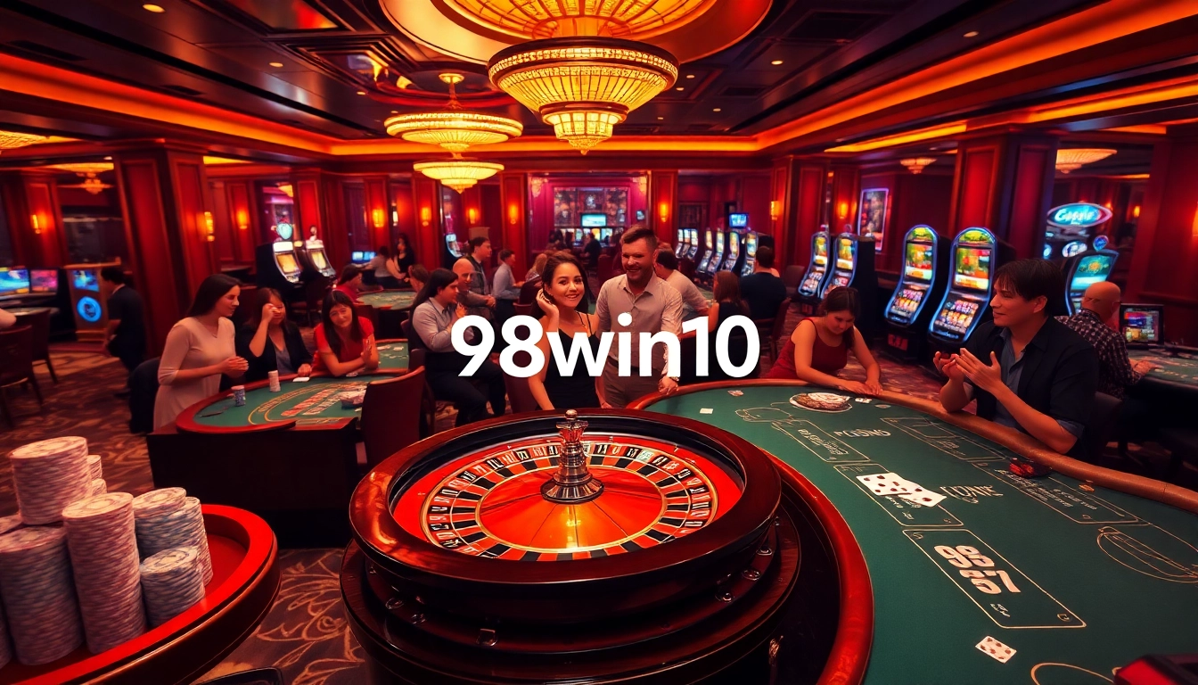 Experience the thrill of 98win10 with a vibrant casino scene featuring roulette and poker excitement.