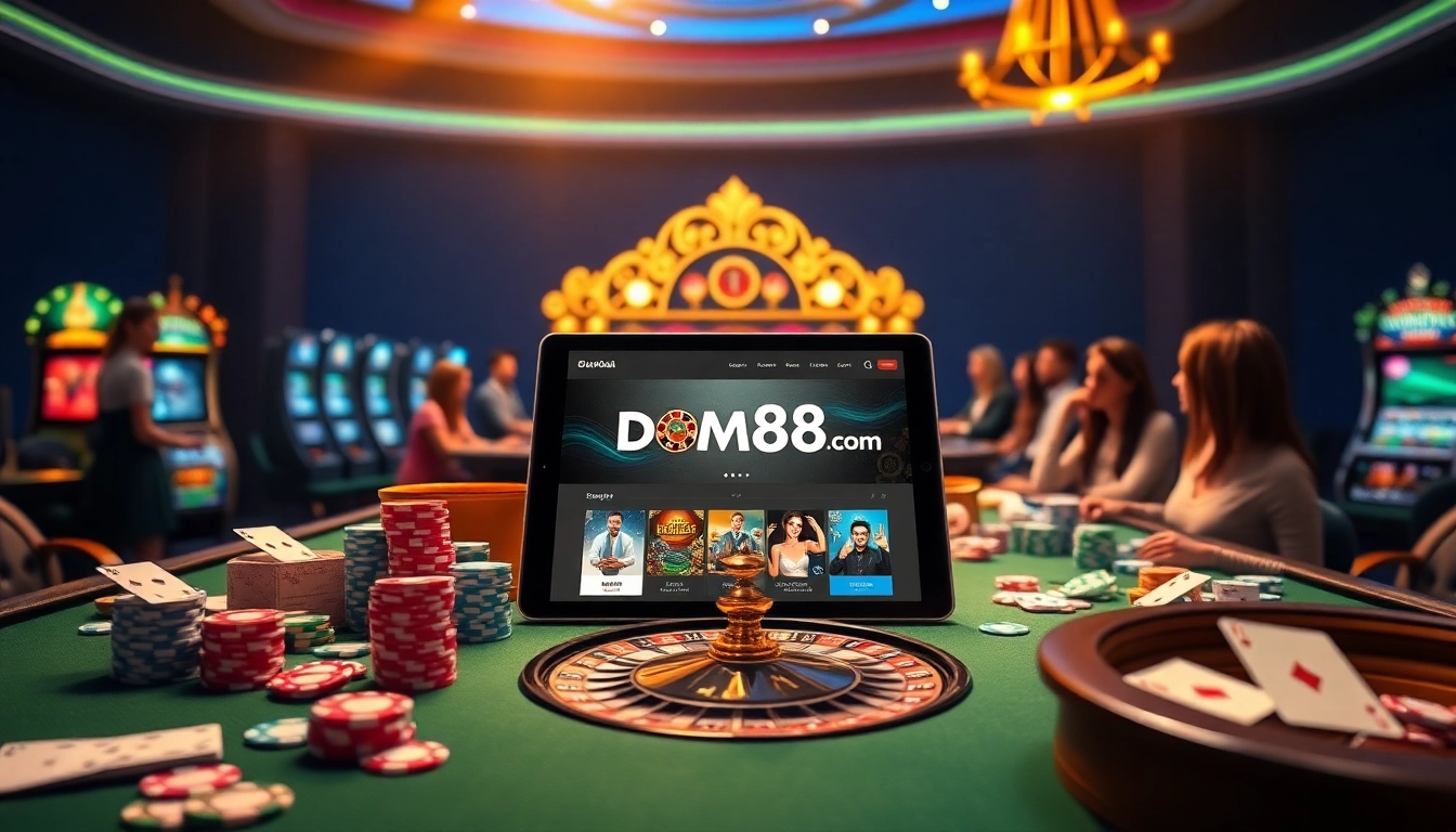 Experience luxury gaming at dom88.us.com with vibrant casino tables, chips, and interactive digital interfaces.