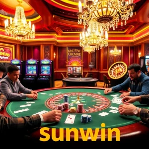 Sunwin casino players strategizing at a poker table surrounded by vibrant slot machines.