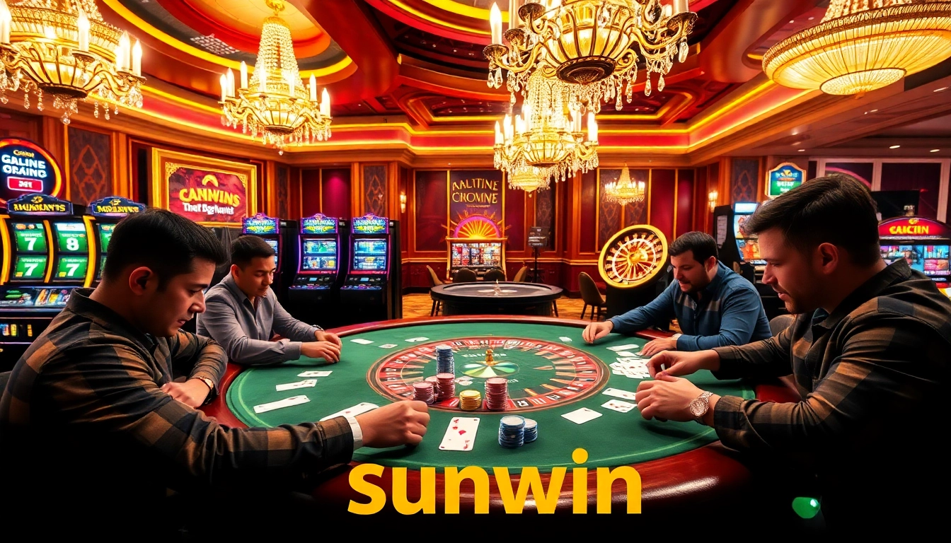 Sunwin casino players strategizing at a poker table surrounded by vibrant slot machines.