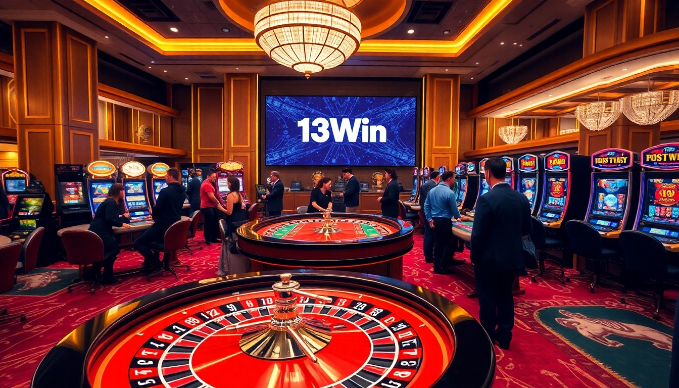 Engaged players enjoying the 13Win casino experience at roulette and slot machines.