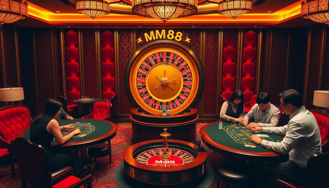 Players engage at an MM88 casino table, showcasing thrilling gambling excitement.