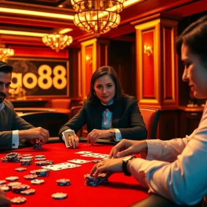 Exciting poker game scene at a luxurious casino featuring go88, emphasizing high-stakes action and engaged players.
