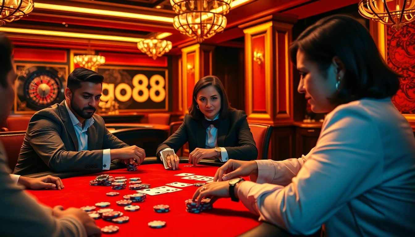 Exciting poker game scene at a luxurious casino featuring go88, emphasizing high-stakes action and engaged players.