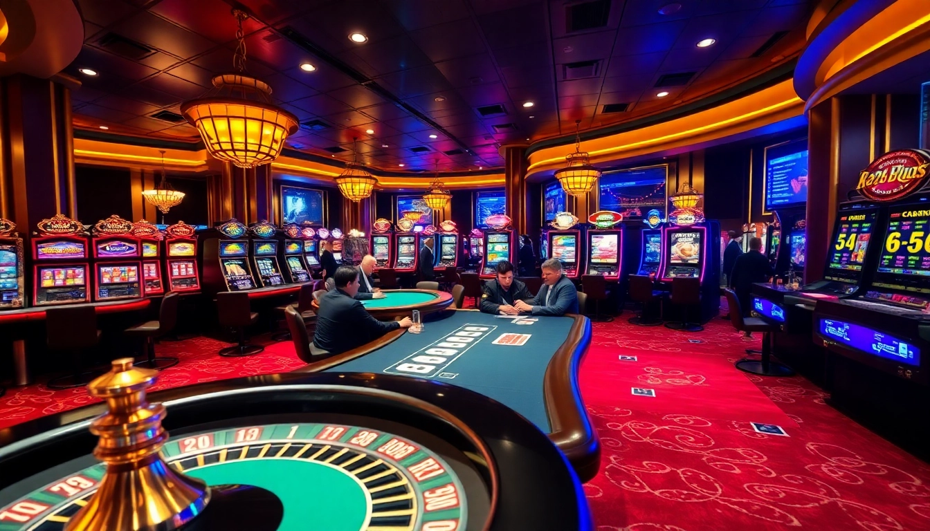 C54.gb.net gaming scene showcasing high-stakes poker action amid vibrant slot machines and luxury casino décor.