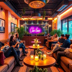 Relaxed members socialize in a vibrant Weed Club Madrid atmosphere with inviting decor.