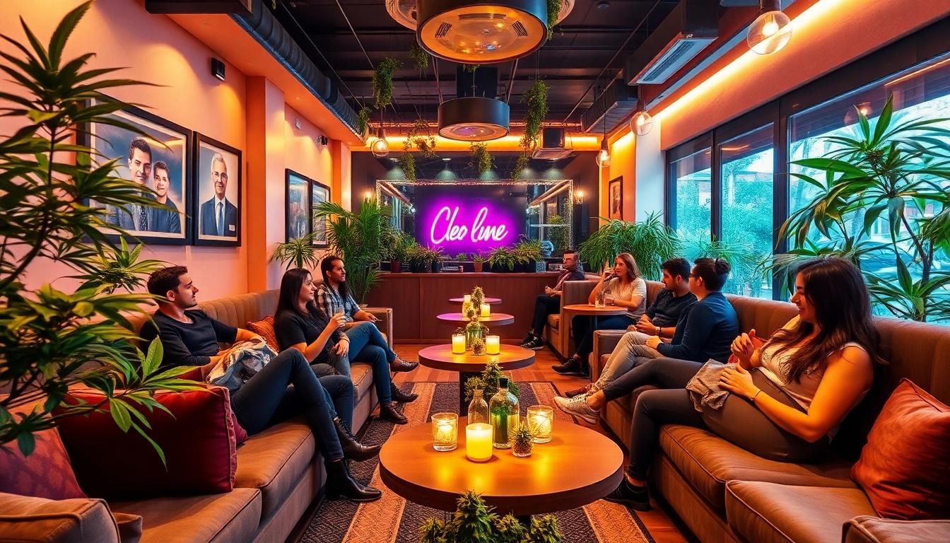 Relaxed members socialize in a vibrant Weed Club Madrid atmosphere with inviting decor.