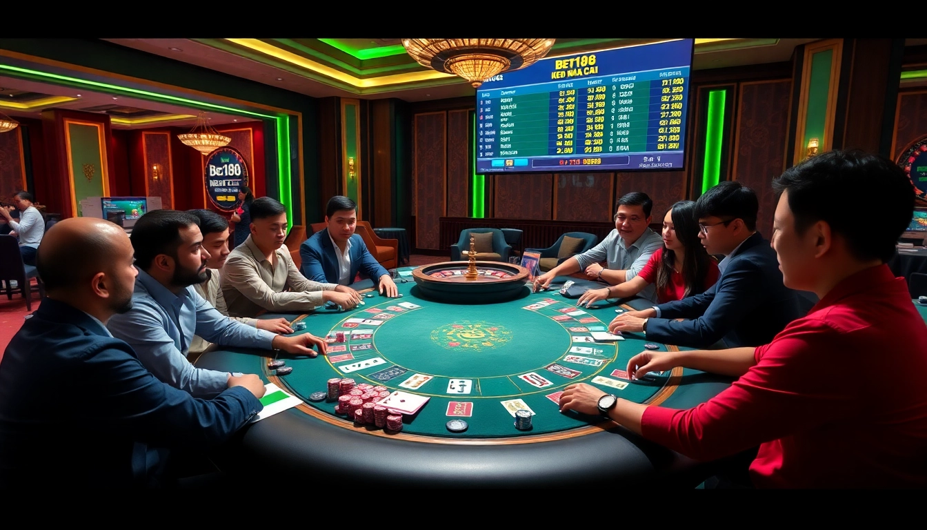 Engaging poker players strategizing bets on 'bet168 keo nha cai' at a luxury casino table.