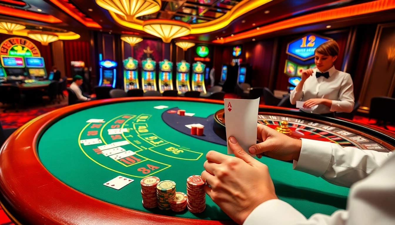 Engaging casino scene showcasing vibrant gambling activities at i9bet2h.club with roulette, blackjack, and slot machines.