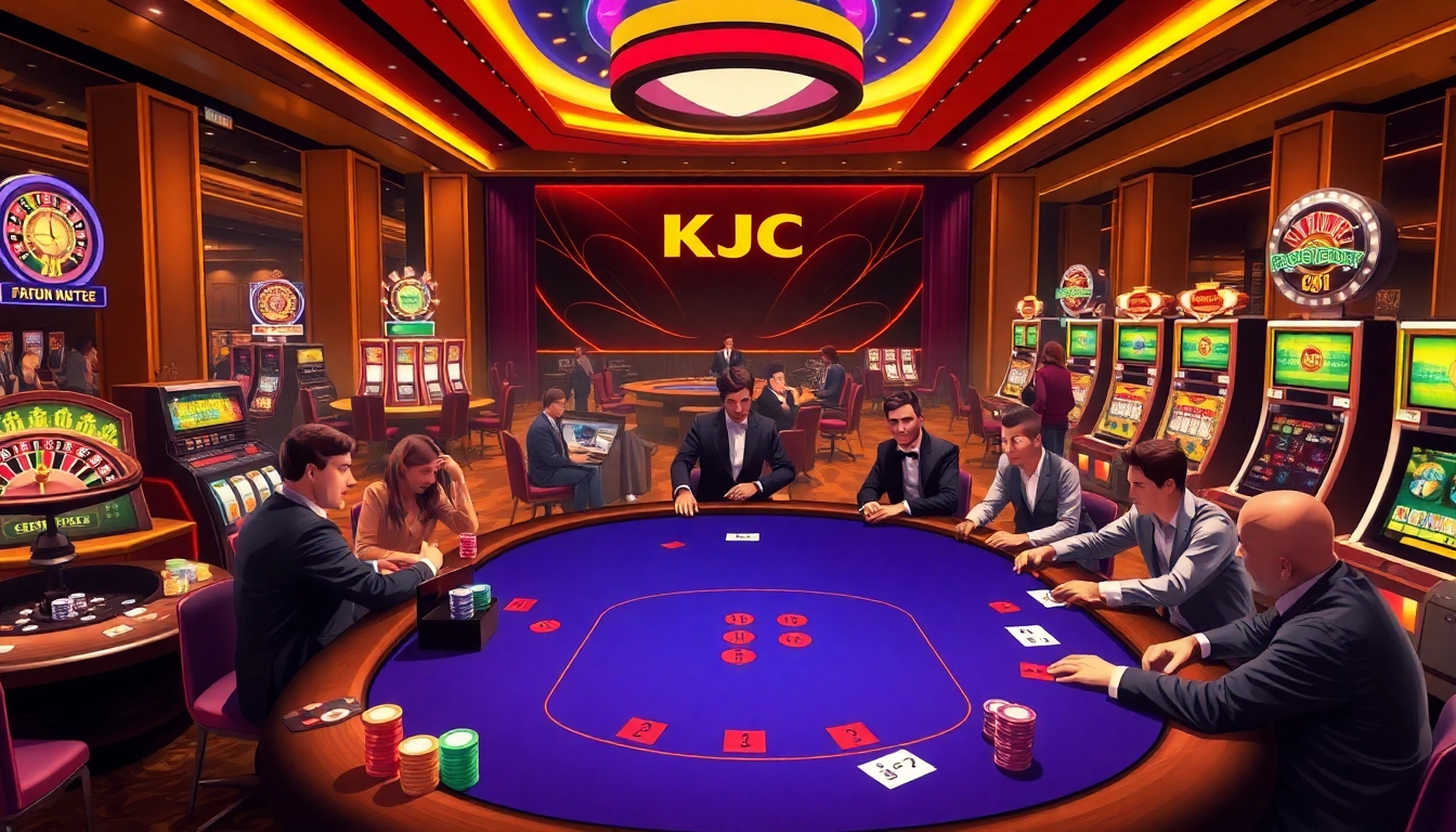 KJC professional gamblers strategizing at a luxury casino poker table.