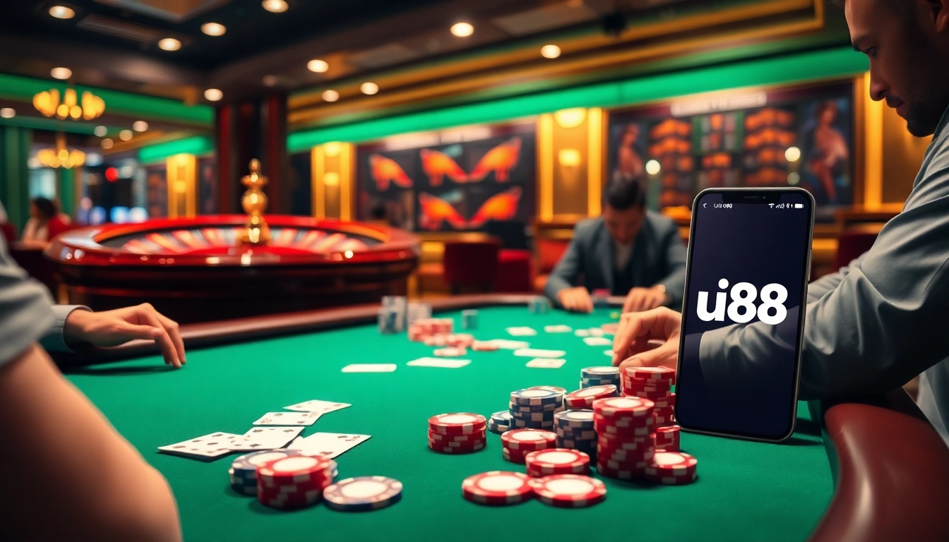 Place bets at uu88’s casino table with vibrant poker chips and a spinning roulette wheel in a luxurious setting.