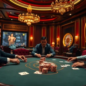 Players strategizing at a poker table in a luxurious ww88 casino atmosphere.