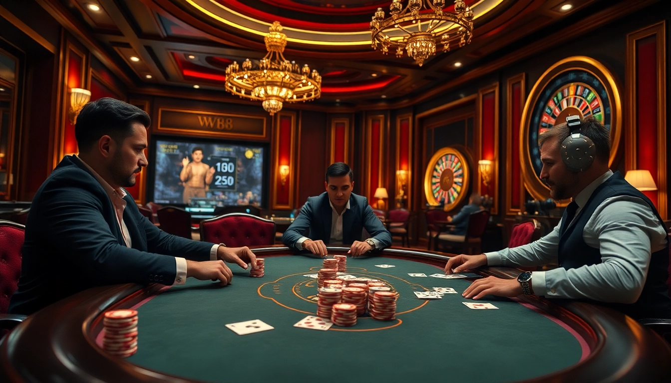 Players strategizing at a poker table in a luxurious ww88 casino atmosphere.