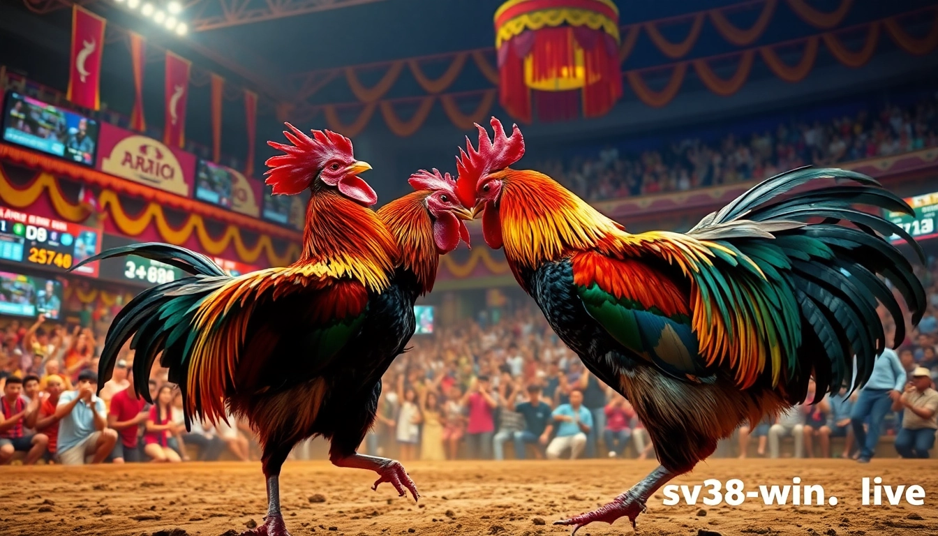 Exciting cockfighting match at sv368win.live, showcasing vibrant arena and enthusiastic spectators.