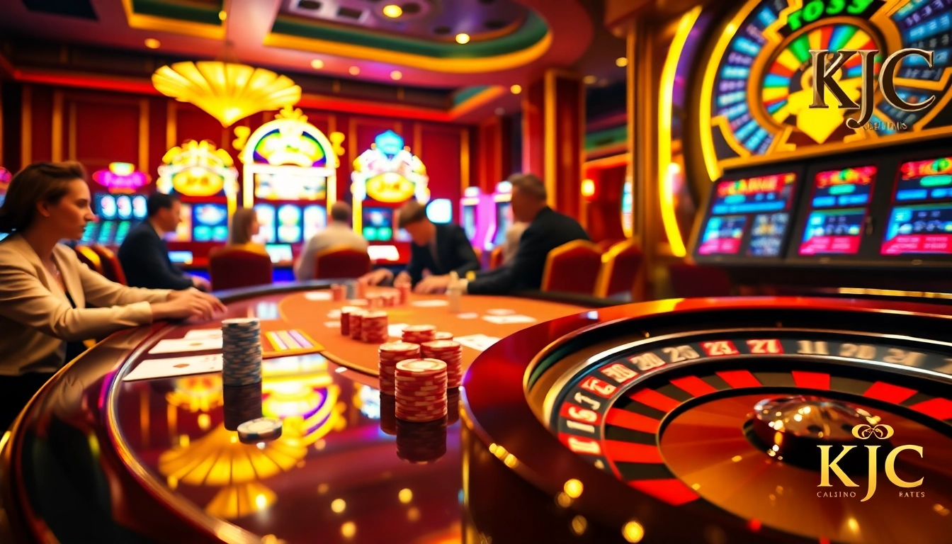 KJC poker players strategizing bets at a luxurious casino table with vibrant slot machines.