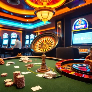 Exciting gaming scene featuring RIKVIP poker chips and vibrant casino atmosphere.