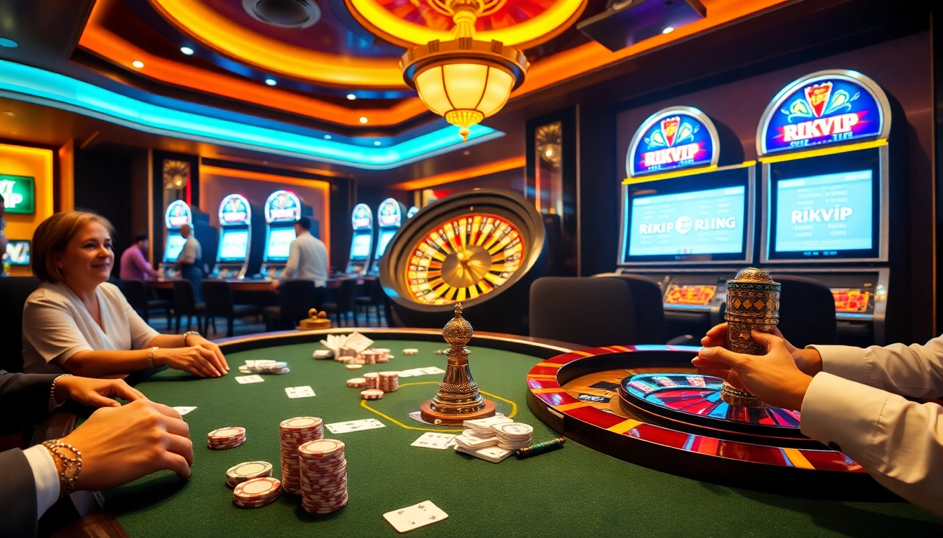 Exciting gaming scene featuring RIKVIP poker chips and vibrant casino atmosphere.