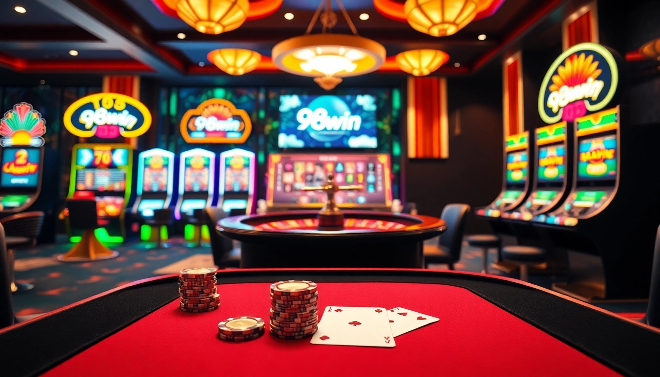 Experience the thrill of winning at 98win with a vibrant casino scene featuring poker, slots, and roulette.