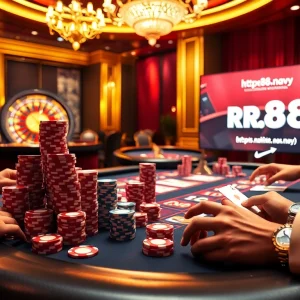 Engage in thrilling gambling at https://rr88.navy/ with poker chips and cards in a luxurious casino environment.