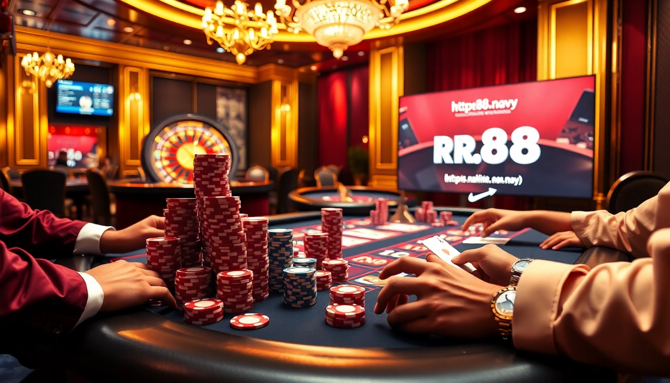 Engage in thrilling gambling at https://rr88.navy/ with poker chips and cards in a luxurious casino environment.