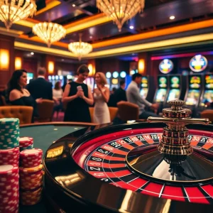 Experience the excitement of the luckywin casino scene with spinning roulette wheels and vibrant poker chips.