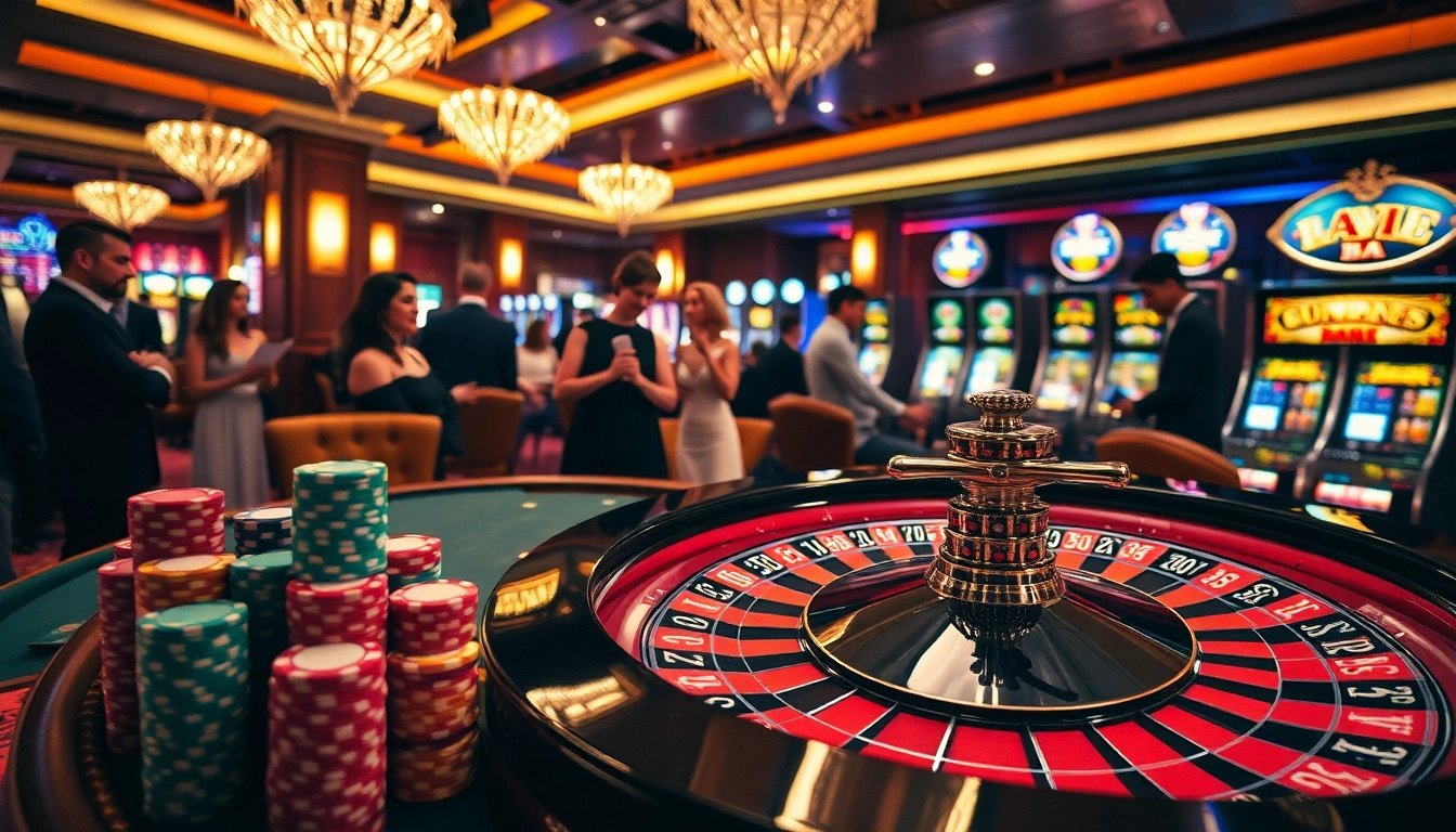 Experience the excitement of the luckywin casino scene with spinning roulette wheels and vibrant poker chips.