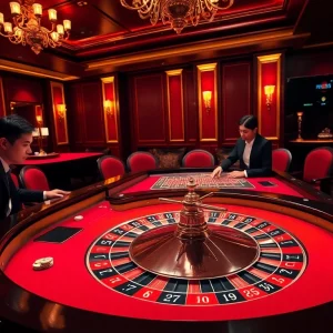RR88 enhances excitement with a luxurious casino scene featuring a roulette table in action.