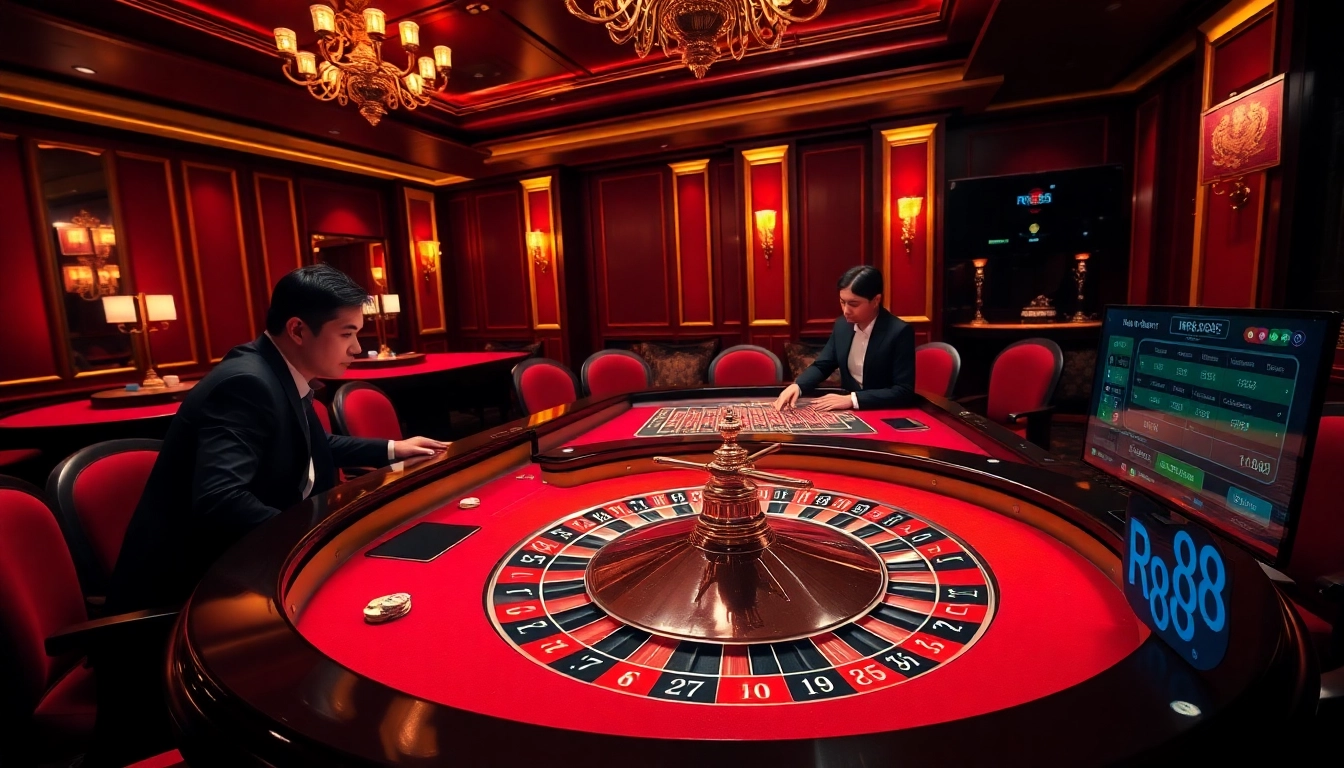 RR88 enhances excitement with a luxurious casino scene featuring a roulette table in action.