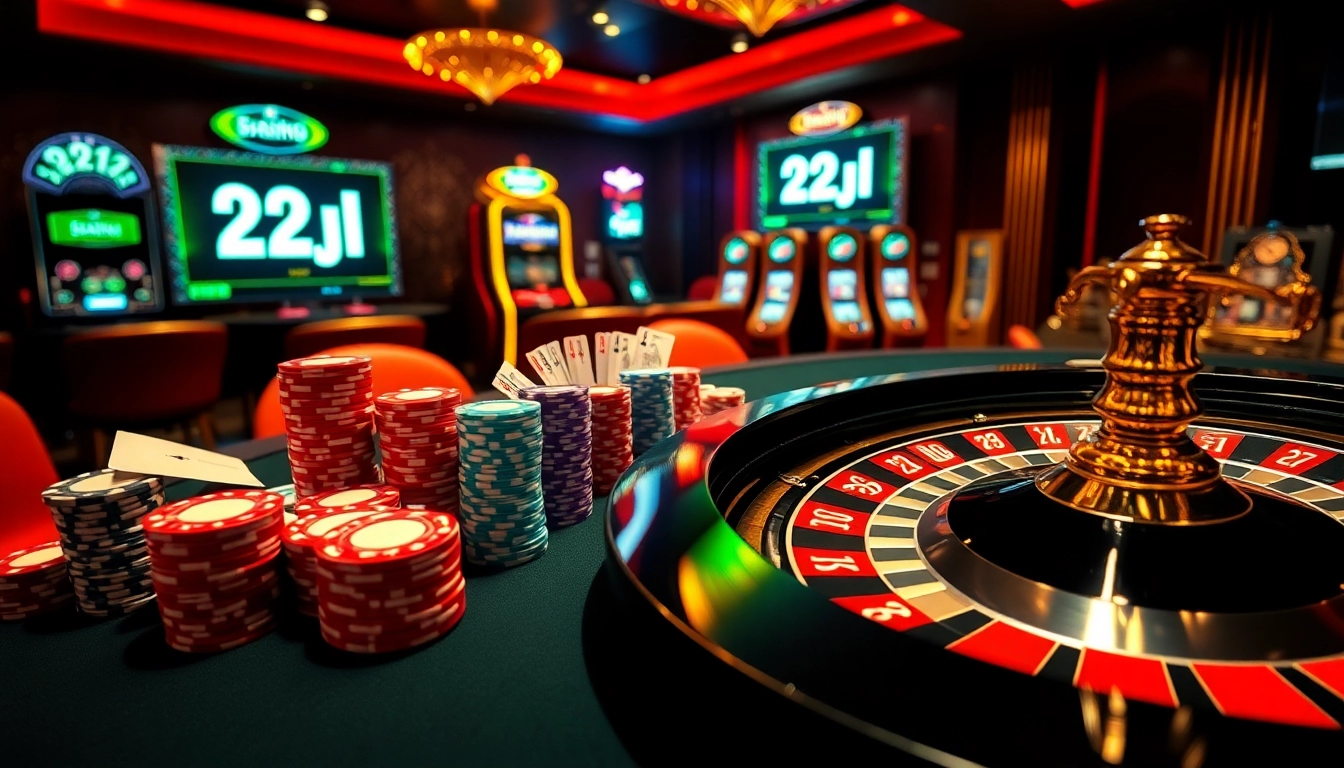 Play poker at a luxurious table with vibrant chips and a roulette wheel in a 22jl casino.