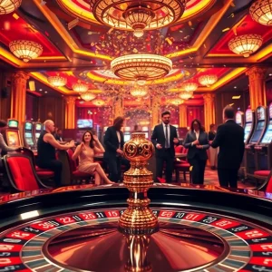 A thrilling casino atmosphere showcasing a "98 win" roulette table with excited players celebrating victory.