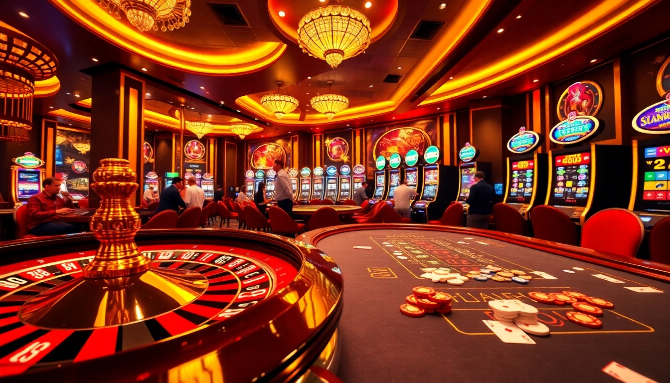 A lively casino atmosphere with players enjoying xin88 bet at a vibrant poker table and slot machines.