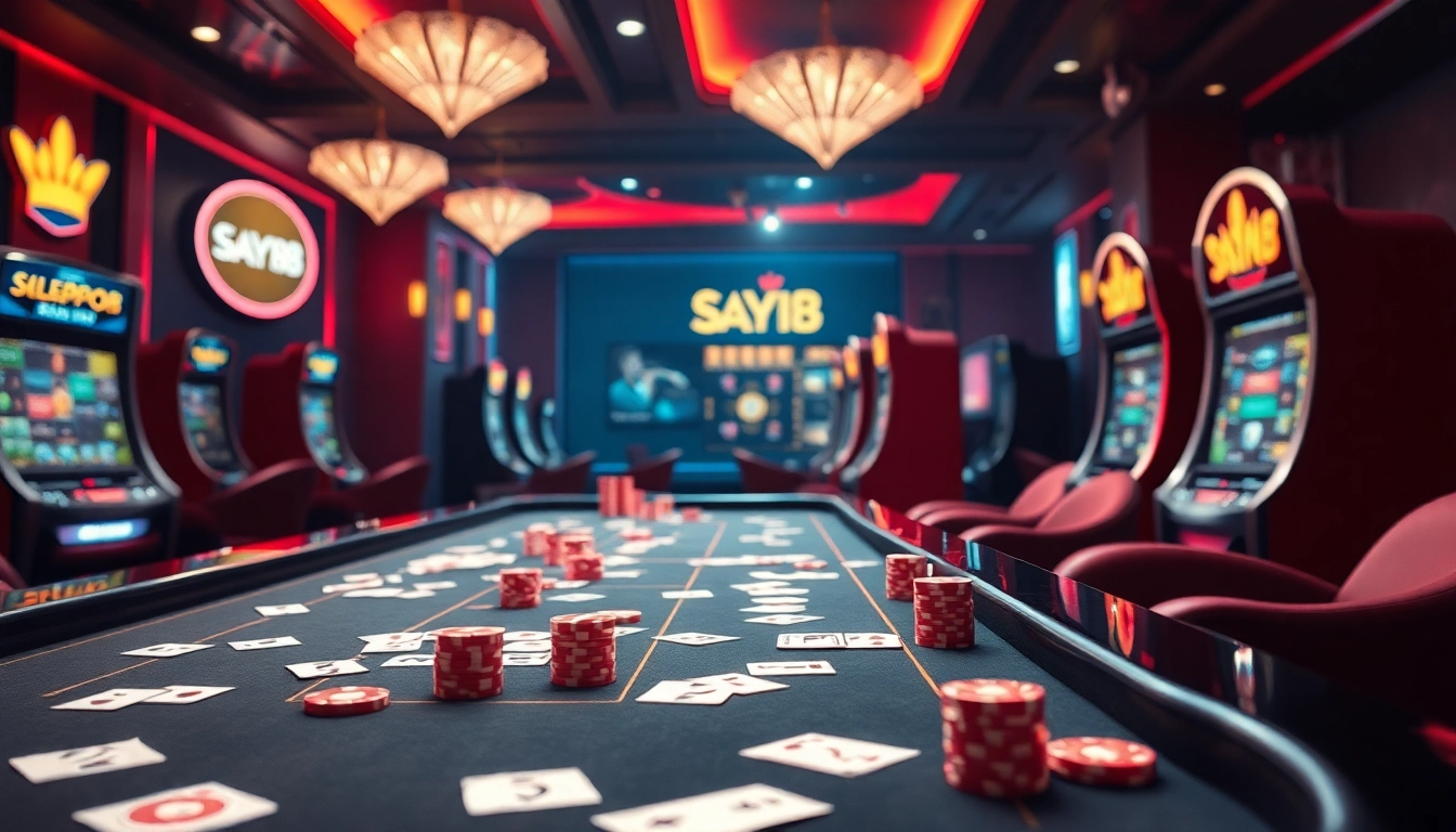 Experience the excitement of live betting at say88 com with a luxurious casino setup featuring poker chips and slot machines.