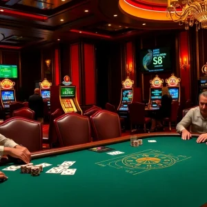 S8 poker players strategizing at a high-stakes table with shimmering casino lights.