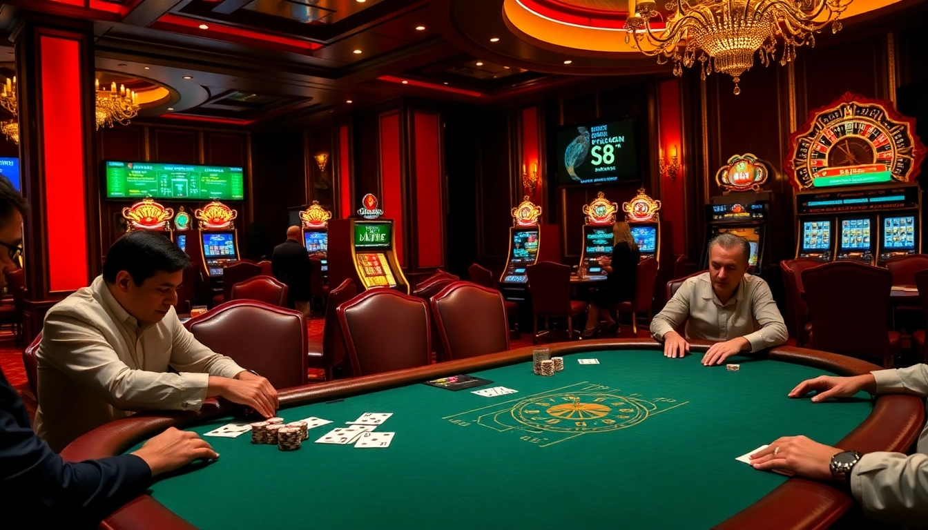 S8 poker players strategizing at a high-stakes table with shimmering casino lights.