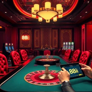 Experience the excitement of 88i online gambling at a luxurious casino with vibrant gaming elements.