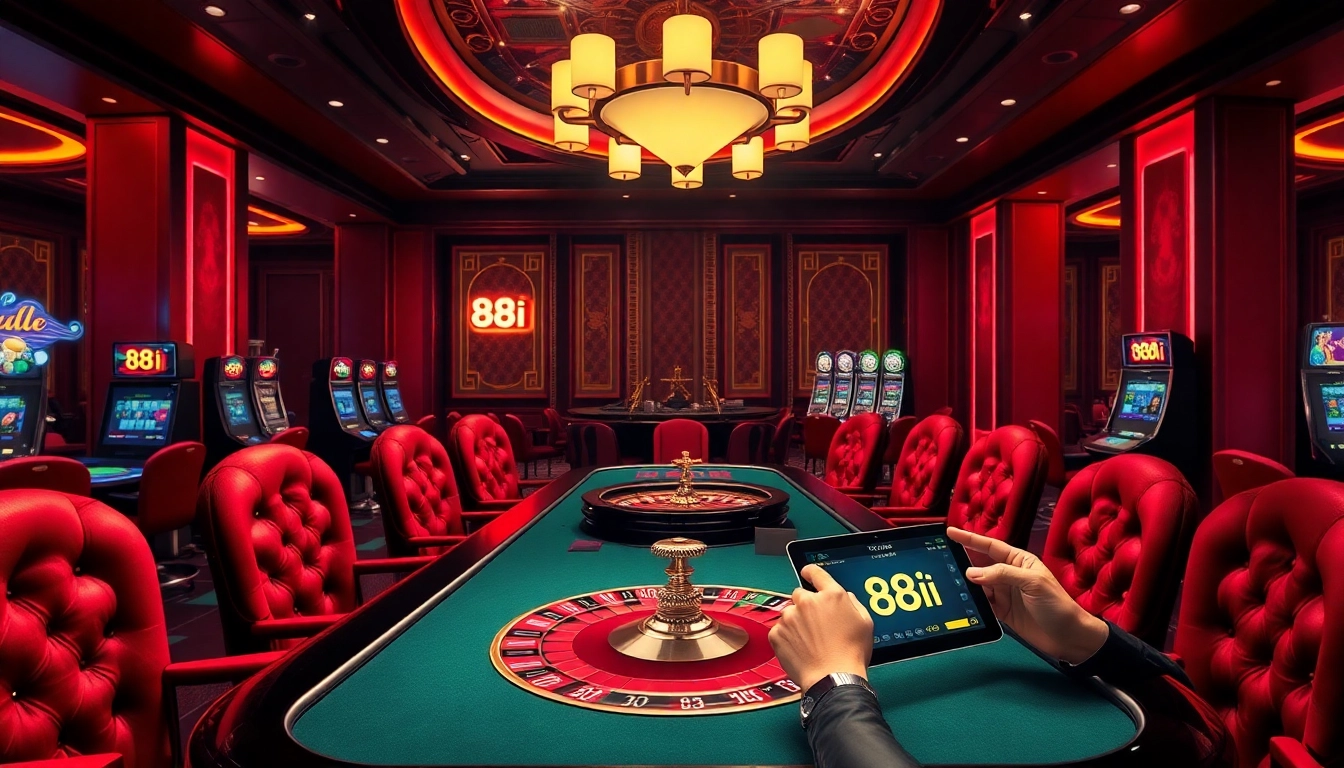 Experience the excitement of 88i online gambling at a luxurious casino with vibrant gaming elements.
