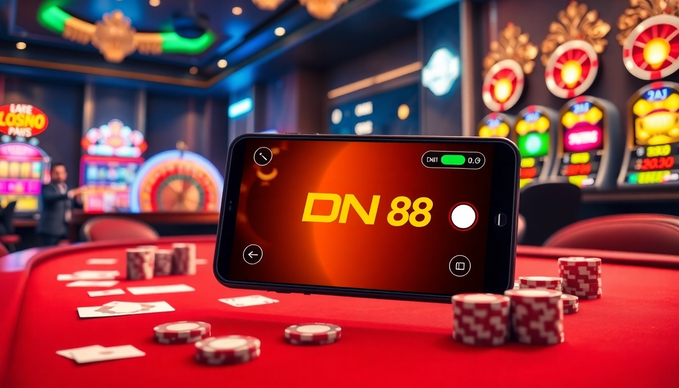 The app dn88 interface displayed in a luxurious casino scene with vibrant lights and tables.