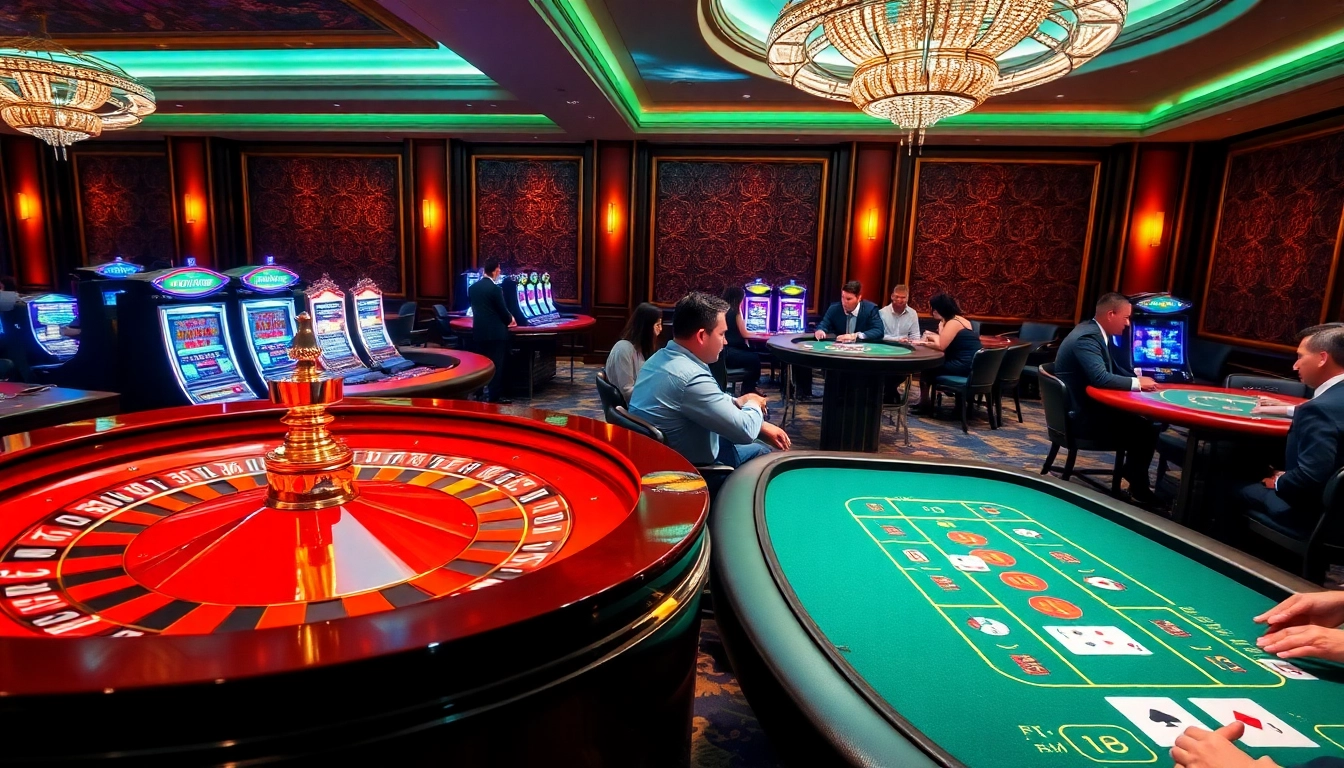 The vibrant gaming atmosphere of https://ffgg88.com/ captured with poker tables and roulette wheels, showcasing excitement.