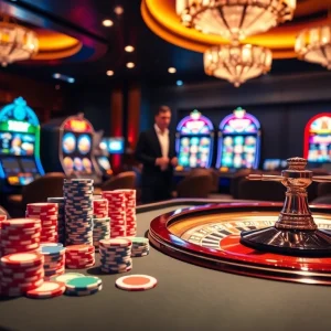 Experience luxury gambling at xin88 with vibrant poker chips and roulette wheel glow.