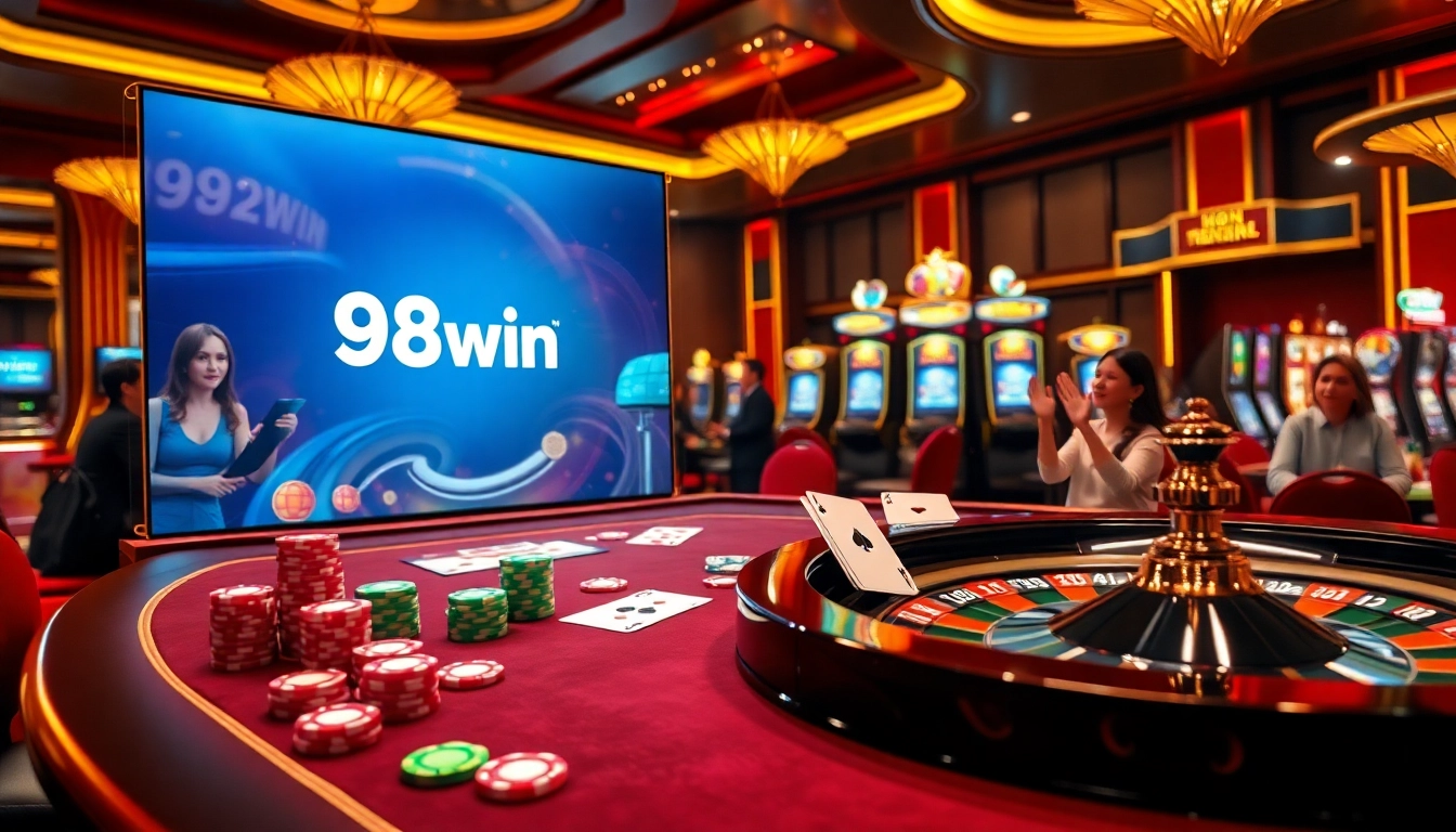 Engaging online gambling scene featuring 98win trang chu with poker chips, cards, and roulette.