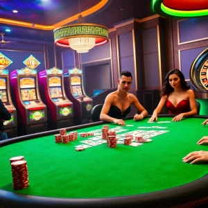 Enthusiastic gamblers at an MK8 poker table in a luxurious casino setting.