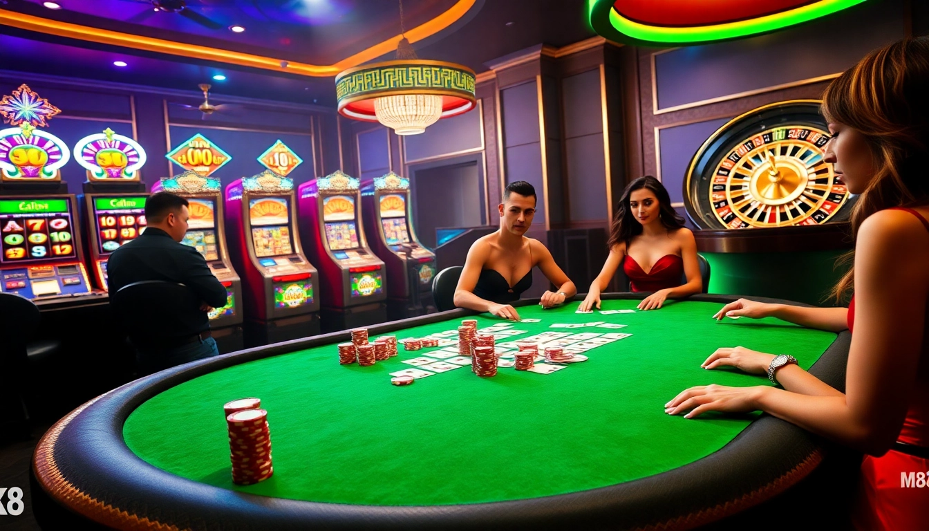 Enthusiastic gamblers at an MK8 poker table in a luxurious casino setting.