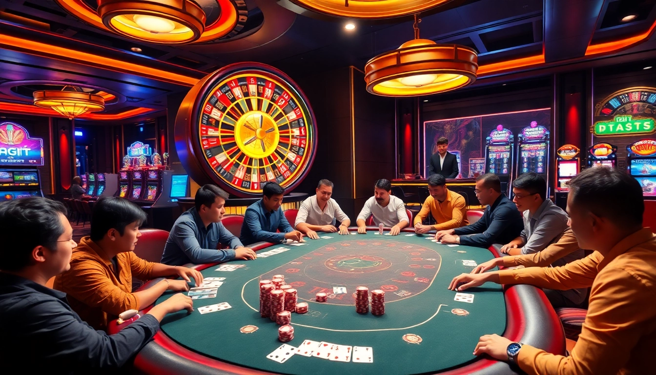 Players engage at an online poker table setup at lc88.art, showcasing vibrant gaming elements and excitement.